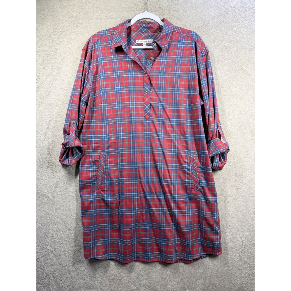 Southern Tide Shirt Dress Women XL Red Plaid Preppy Coastal Tunic Pockets